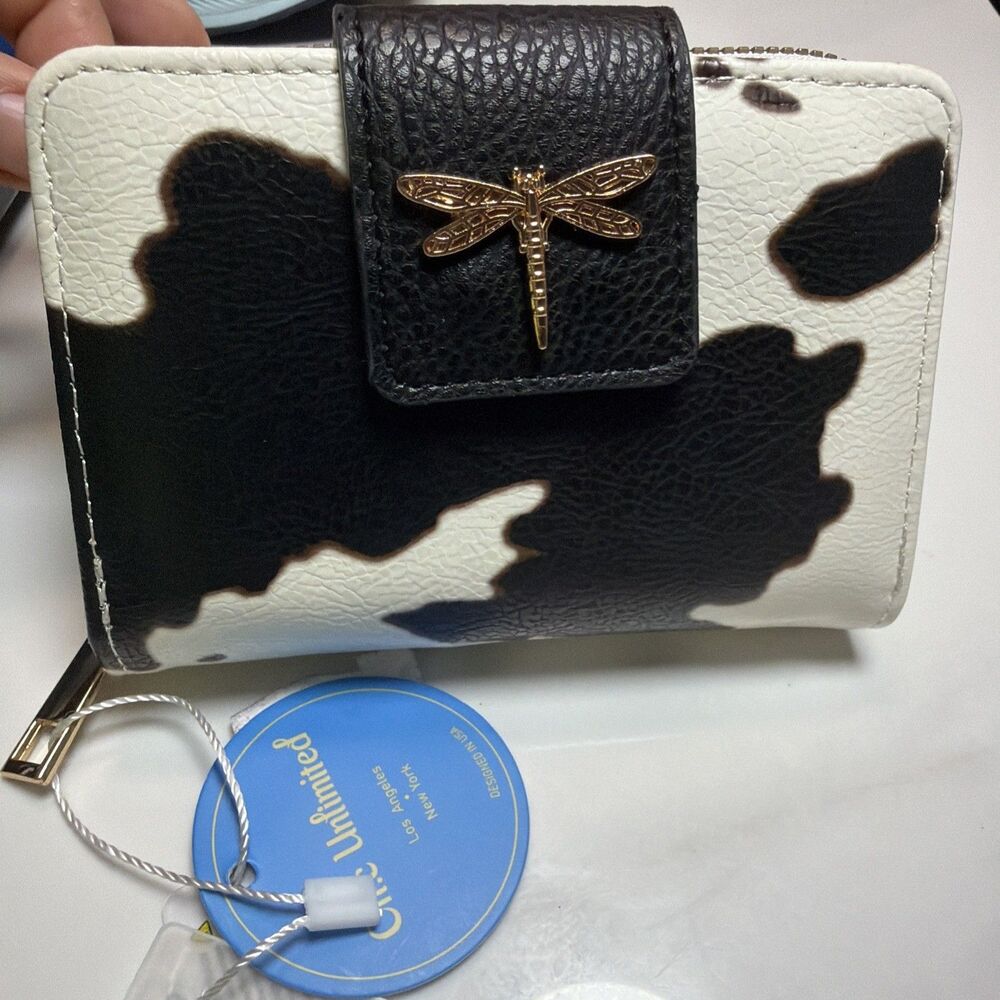 Chic Cowgirl Rodeo Cow Print Wallet NWT Gold Dragonfly Zip Around Bifold - Picture 2 of 9